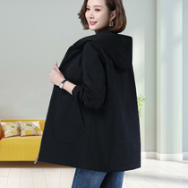 Black windbreaker womens long little man 2021 new spring and autumn Korean version loose middle-aged mother cotton coat