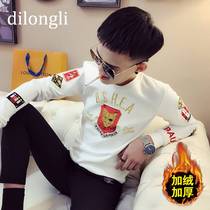 Social guy embroidered round neck long sleeve velvet thickened sweater male teen Korean slim handsome wild jacket