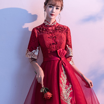 Chinese wedding cheongsam toast 2021 new summer long sleeve wine red little man show he dress bridal dress