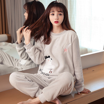 Coral velvet pajamas womens autumn and winter thickened velvet cute suit Flannel winter student home clothes can be worn outside