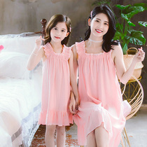 Parent-child night dress Girl Princess short sleeve childrens home clothes Pure cotton mother and daughter summer suspender Cotton thin pajamas
