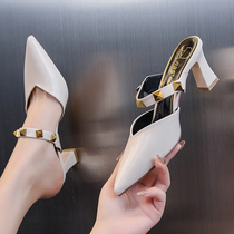 High heel shoe woman 2022 new summer 100 lapped thick heel and semi-trailing rivet pointed Baotou cool towed single shoes