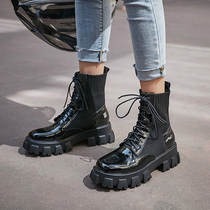 Autumn and winter cake bottom short boots female English style Joker leather thick bottom martin boots patent leather heightened high-top motorcycle boots tide