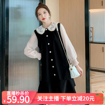 Spring and summer new lace doll collar stitching long-sleeved maternity dress female Korean version can open the buckle nursing mid-length dress