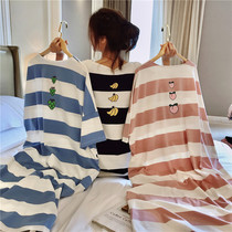 Over-the-knee long nightgown thin cotton striped thin pajamas female summer super loose size fat mm200 kg