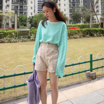 Small lazy wind stripe T-shirt female green 2021 new long sleeve loose Korean version of Hong Kong style round neck top ins ins