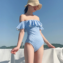 New hipster Polo Point Light blue ruffles chest sling slim body slim hot spring holiday one-piece swimsuit women