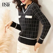 OSA black pullover v-neck sweater 2021 new womens autumn and winter loose plaid knitted top
