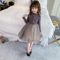 Girls dress 2020 Childrens long-sleeved knitted stitching puffy yarn spring and autumn skirt Foreign style childrens princess dress