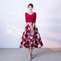2020 New Season Bridal Wedding Toast Dress Slim Red V-Neck Mid-Sleeve Lace Party Party Evening Dress