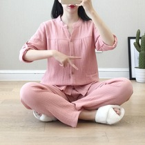 Day Ensemble Pure Cotton Cotton Cloth Pajamas Womens Summer No Collar Cardiovert Clothing Pure Color Sweetness Spring Autumn Slim long sleeve suit