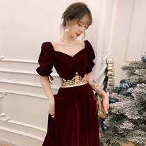 Wine red wedding toast dress 2021 new bride medium-long dress temperament is thin usually can wear short-sleeved women