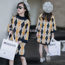 Childrens super-foreign girl dress autumn and winter parent-child sweater skirt Plaid princess dress