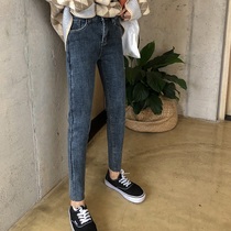 EKOOL black velvet thickened jeans womens autumn and winter new thin high-waisted nine-point pants tight little feet pants