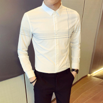 Hair stylist High-end shirt male long sleeve Inn sleeveless body bronzed inch white Korean version trendy striped casual lining