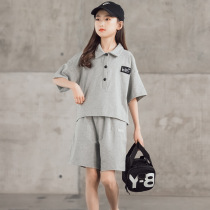 Girls  short-sleeved sports suit 2021 summer clothes loose casual labeling POLO shirt childrens Western style shorts two-piece set