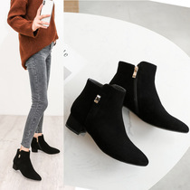 Thick heel ankle boots womens autumn and winter new Korean version of nubuck leather plus velvet Martin boots mid-heel pointed toe and nude boots womens boots
