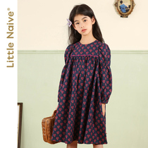 LittleNaive girls autumn flower dress in the big children French long sleeve bubble sleeve childrens skirt