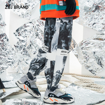 ZBJ oil painting pants autumn and winter overalls tie-dyed men and womens Tide brand loose Harlan leg pants National Tide Street hip hop