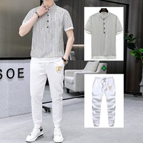 Mens casual suit Mens set of matching loose Chaobots Yuppie Handsome Summer Mens Collar Short Sleeve T-shirt Two Sets