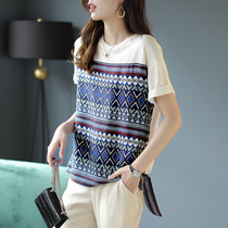 Baoshili mulberry silk printing stitching short-sleeved T-shirt womens 2021 early summer new Korean version loose short top