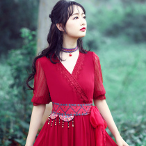 The story of the two men is Yunnan retro red dress women's flowing su belt 2022 summer suit new SP0094