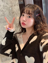 BORAKOO Korea Dongdaemun autumn pull-up~little witch~Black peach knitted sweater cardigan jacket