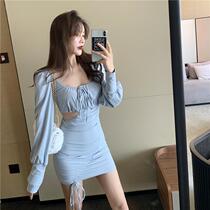 Watch out for the machine hanging on the neck collar Long sleeves Dress Autumn Dress 2021 New Womens Clothing Collection Waist Display Slim Sexy Bag Hip Short Skirt