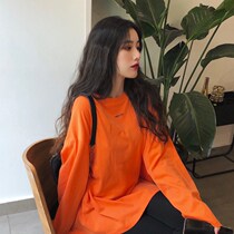 Long-sleeved t-shirt womens mid-length loose thin printing 2019 new ins super fire dirty orange bf style student top