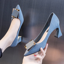 Coarse Heel Single Shoes Woman 2022 Spring Autumn Season New Pointed Square Buttons Temperament With Women Shoes 100 Hitch Style Heels