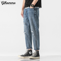 Pants mens autumn new mens broken hole jeans loose straight Tide brand casual versatile light ankle-length pants thin