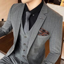 Suit suit suit mens three-piece Korean slim dress casual dress groom wedding dress British striped small suit