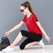 MMQ Summer Leisure Sports Suit Women Loose Fashion Round Collar Seven Pants Short Sleeve Ice Silk Two Sets