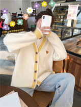 2021 spring new gentle retro embroidery knitted cardigan female Korean version V collar loose college style sweater coat