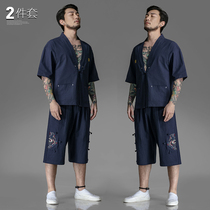 Zuodu Chinese style suit men original retro casual embroidery Hanfu two-piece short sleeve spirit guy suit men