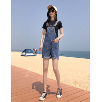Denim Braces Shorts Woman 2022 Spring Summer New Less Aging Loose Korean version Loose Broadleg 50% Pants Thin