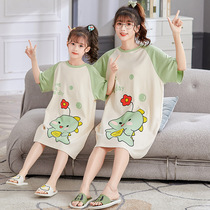 Girls sleepy dress summer cotton cartoon parent-child clothing short sleeve cotton childrens pajamas small dinosaur mother and daughters home dress