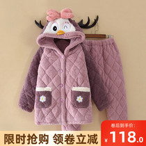 Childrens pajamas womens winter three-layer cotton thickened coral fleece big baby flannel warm set home clothes