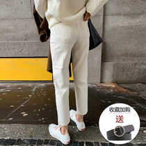 Hong Kong Jeans Woman 2021 Autumn winter plus suede Lean Radish Straight Barrel Casual Loose Rice White High Waist Old Daddy Pants