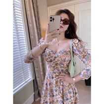Broken Flowers One-piece Dress Woman 2021 Spring new collection waist display slim temperament Name yuan High end lotus sleeve Monet oil painting skirt