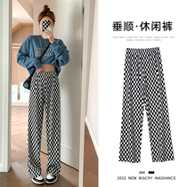 Spring Autumn Chessboard Lattice Broadlegged Pants Women 2022 New Loose Straight Cylinder Plaid Pants High Waist Pituality Drag Casual Pants