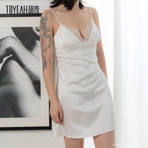 Sweet night deep V eyelashes lace night dress thin silk pajamas fake pure hot stuffy SM free temptation big chest sexy