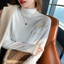 Double sided Develvet semi-high collar bottom-shirt female spring Korean version embroidered long sleeve white T-shirt with warm blouses