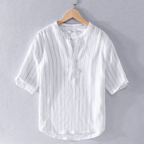 Summer linen striped short sleeve shirt mens loose stand collar casual linen top Japanese cotton linen shirt breathable