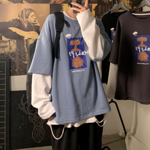 Fake Two Weater Mens Spring Long sleeves Trend Ins Hong Kong Wind Guys Upper Clothing Spring and Autumn 100 Lap Lovers