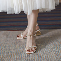 Sandshoes womens summer 2022 New word with fairy wind fit skirt with coarse heel pearl lady heels girl