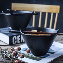 Noodle Bowl home large retro Japanese and style noodle bowl hand bowl frosted black ceramic personality Creative Bucket Bowl