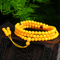 Natural chanterelle yellow beeswax beads hand string 108 Buddha beads bracelet Ethnic style female amber bracelet with certificate