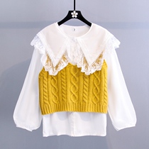 Small frescoed suit woman 2021 spring dress new Korean version Fashion sweet and beautiful shirt sleeveless knit horse nail two sets