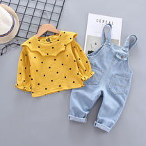 Female baby Autumn long sleeve set 2020 new Korean version of childrens autumn foreign-style denim backpack pants two-piece suit